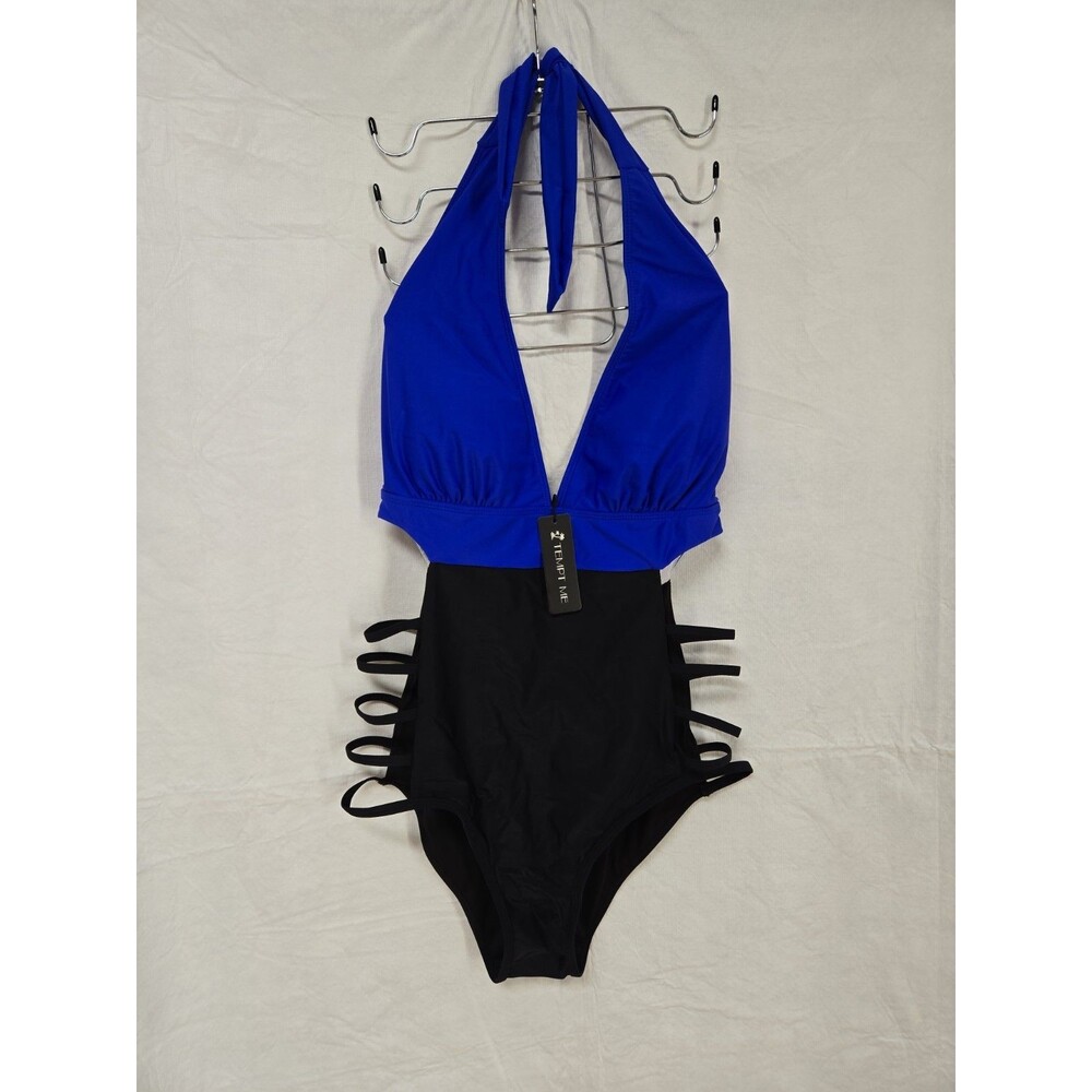 Tempt Me NWT Royal Electric Cobalt Blue & Black Sexy Open Sides Swimsuit sz L